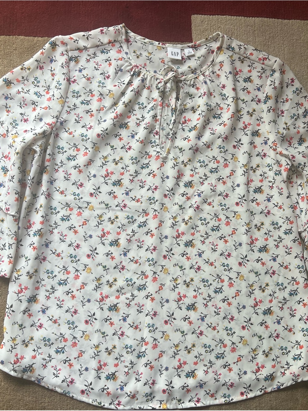 GAP Cream Floral Tie-Neck Long Sleeve Blouse